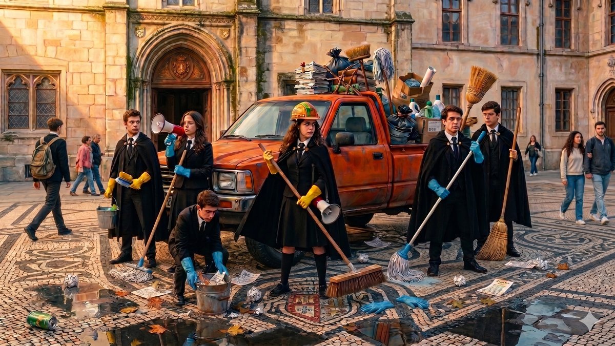 Equipa Reviravolta — estudantes de Coimbra em traje académico com utensílios de limpeza em frente à Universidade